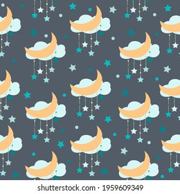 Seamless pattern - cute mobile with moon and stars and cloud in flat design  . Can be used for t-shirt print, kids nursery wear fashion design, baby shower, textile print, notebook, cards