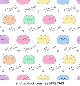 Seamless pattern with cute Mochi characters vector illustration isolated on white background. Rice cakes of different emotions and colors. Doodle kawaii style
