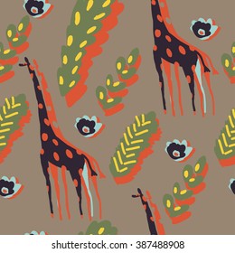 Seamless pattern with cute modern giraffes and trees, vector illustration