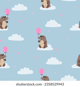 Seamless pattern with cute mole and balloon. Vector cartoon moles illustration