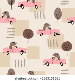 Seamless pattern with cute mole in the car. Vector road illustration for kids