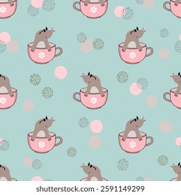 Seamless pattern with cute moles in cups. Vector illustration for kids. Baby print