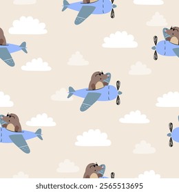 Seamless pattern with cute moles on planes. Baby print with cartoon pilots