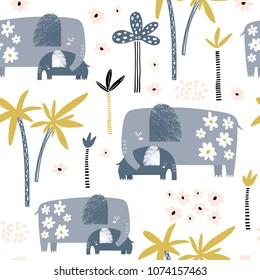 Seamless pattern with cute mom and baby elephant, palm trees and flowers. Creative childish texture. Great for fabric, textile Vector Illustration