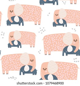 Seamless pattern with cute mom and baby elephant. Creative childish texture. Great for fabric, textile Vector Illustration