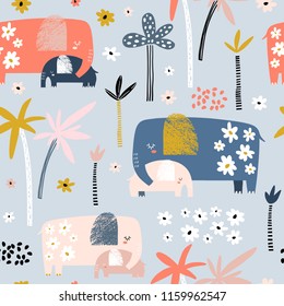 Seamless Pattern With Cute Mom And Baby Elephant, Palm Trees And Flowers. Creative Childish Texture. Great For Fabric, Textile Vector Illustration