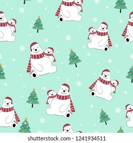 patrón impecable mamá y oso polar bebé con disfraces de Navidad, con árbol de Navidad, nieve y copo de nieve sobre fondo azul, ilustración de arte cómico de doodle.