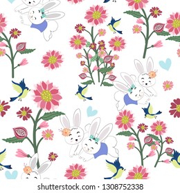 seamless pattern cute mom and baby rabbit bunny happy in flower garden,couple rabbit sweet in pink floral garden,illustration vector comic art.