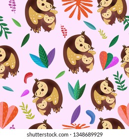 seamless pattern cute mom and baby owl with colorful leaf,illustration vector doodle comic art for any card.