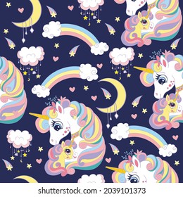 Seamless pattern with cute mom and baby unicorns, clouds, rainbow and stars. Magic background with unicorns. Vector illustration in trendy colors. For design, print, decor, wallpaper, linen, textile.