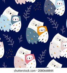 Seamless pattern with cute mom and baby owls. Childish owl birds and floral branches on dark blue background. Ideal for fabrics, textiles, apparel, wallpaper.