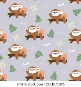 Seamless pattern of cute mom and baby sloth on tree.Pastel color background.Wild animal cartoon.Kawaii.Vector.Illustration.