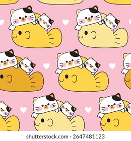Padrão contínuo de gato mãe bonito e gato bebê ficar no peixe grande com fundo de coração.Kitten.Meow.Mother day.Love.Pet animal personagem desenho animado.Kawaii.Vetor.Illustration.