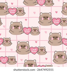 Seamless pattern of cute mom cat and baby cat hold big heart pink background.Kitten.Meow.Mother day.Love.Pet animal character cartoon design.Kawaii.Vector.Illustration.