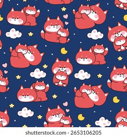 Padrão contínuo da raposa e do bebê da mãe bonito em vários poses fundo do céu noturno.Lua,estrela,nuvem,coração.Mãe dia.Amor.Selvagem personagem animal design.Kawaii.Vetor.Ilustração.