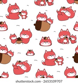 Seamless pattern of cute mom fox and baby in various poses with acorn on snow winter background.Mother day.Love.Wild animal character cartoon design.Kawaii.Vector.Illustration.