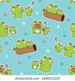 Padrão contínuo de sapo mãe bonito e sapo bebê várias poses com fundo de flor.Mãe day.Love.Watermelon,log,dragonfly.Reptile animal personagem desenho animado.Kawaii.Vetor.Illustration