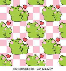 Padrão contínuo de sapo mãe bonito abraço sapo bebê com fundo de coração.Mãe day.Love.Reptile animal personagem desenho animado.Image para cartão,adesivo,produto do bebê,imprimir screen.Kawaii.Vetor.
