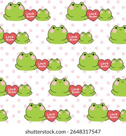 Padrão contínuo de rã mãe bonito e rã bebê segurar grande coração rosa ponto fundo.Mãe dia.Amor.Réptil personagem animal desenho animado.Kawaii.Vetor.Ilustração