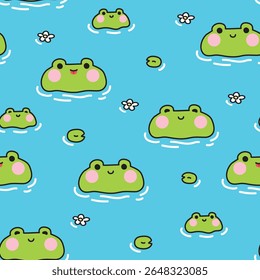 Padrão contínuo de rã mãe bonito e rã bebê ficar no rio com flor e lótus folha fundo.Mãe dia.Amor.Réptil personagem animal desenho animado.Kawaii.Vetor.Ilustração