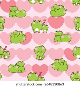 Seamless pattern of cute mom frog and baby frog in various poses on big heart background.Mother day.Love.Reptile animal character cartoon design.Kawaii.Vector.Illustration