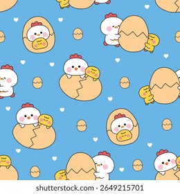 Seamless pattern of cute mom hen and baby chicken in various poses with eggs background.Mother day.Love.Heart.Farm bird animal character cartoon design.Kawaii.Vector.Illustration.