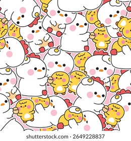 Seamless pattern of cute mom hen and baby chicken in various poses sticker background.Fried egg.Mother day.Love.Farm bird animal character cartoon design.Kawaii.Vector.Illustration.