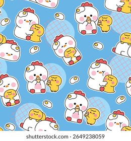 Seamless pattern of cute mom hen and baby chicken in various poses with fried egg on background.Mother day.Love.Farm bird animal character cartoon design.Kawaii.Vector.Illustration.
