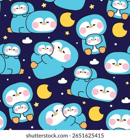 Seamless pattern of cute mom penguin and baby in sleeping poses night background.Moon star and cloud.Mother day.Love.Arctic,polar,north pole.Bird animal character cartoon.Kawaii.Vector.Illustration.