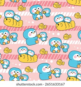Padrão contínuo de pinguim mãe bonito e bebê em várias poses com fundo de peixe.Mãe dia.Amor.Ártico,polar,polo norte.Pássaro personagem animal desenho animado.Kawaii.
