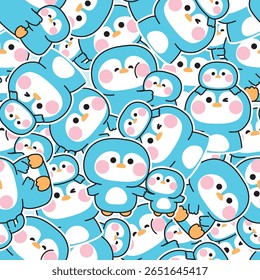 Padrão contínuo de pinguim mãe bonito e bebê em vários poses adesivo fundo.Dia da mãe.Amor.Ártico,polar,polo norte.Pássaro personagem animal cartoon.Kawaii.Vetor.Illustration.