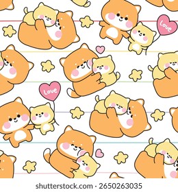 Seamless pattern of cute mom shiba inu dog and baby in various poses background.Star.Heart.Mother day.Love.Japanese pet animal character cartoon design.Kawaii.Vector.Illustration.