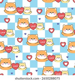 Seamless pattern of cute mom shiba inu dog and baby hold big heart background.Mother day.Love.Japanese pet animal character cartoon design.Kawaii.Vector.Illustration.