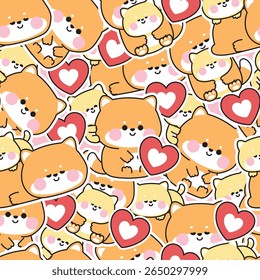 Seamless pattern of cute mom shiba inu dog and baby in various poses sticker with heart background.Mother day.Love.Japanese pet animal character cartoon design.Kawaii.Vector.Illustration.