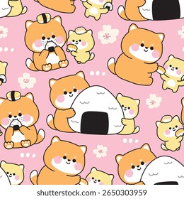 Seamless pattern of cute mom shiba inu dog and baby in various poses with sushi and rice ball background.Sakura flower.Mother day.Love.Japanese pet animal character cartoon.Kawaii.