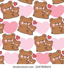 Seamless pattern of cute mom teddy bear and baby bear hug with heart background.Mother day.Love.Wild animal character cartoon design.Image for card,sticker,baby clothing.Kawaii.Vector.Illustration.