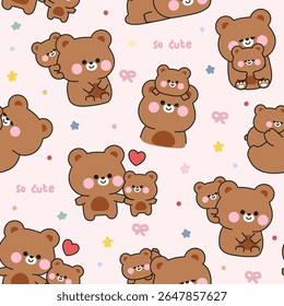 Seamless pattern of cute mom teddy bear and baby bear various poses with heart star bow background.Mother day.Love.Wild animal character cartoon design.Image for card,sticker,baby clothing.Kawaii.
