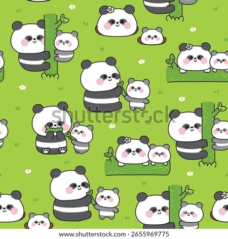 Seamless pattern of cute mom teddy panda bear and baby in various poses on grass flower background.Mother day.Love.Wild chinese animal character cartoon.Kawaii.Vector.Illustration.
