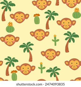 Seamless pattern with cute monkey animal faces. Illustration in boho style, dream catcher, cactus, palm trees, tropics