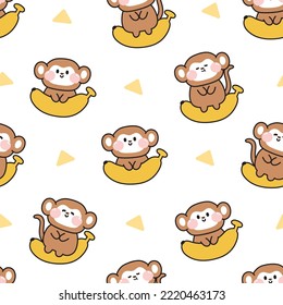 Seamless pattern of cute monkey with banana on white background.Wild animal cartoon character design.Baby clothing.Kawaii.Vector.Illustration.