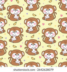 Seamless pattern of cute monkey doll hug tiny rabbit with banana background.Friend.Love.Wild and rodent animal character cartoon design.Kawaii.Vector.Illustration.