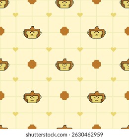 Seamless Pattern – Cute Monkey Face on Yellow Grid with Brown Hearts