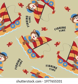 Seamless pattern with cute monkey fishing on sailboat. Cute Marine pattern for fabric, baby clothes, background, textile, wrapping paper and other decoration.