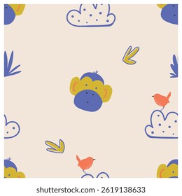 Seamless pattern with cute monkey. Hand drawn vector illustration.