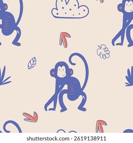 Seamless pattern with cute monkey. Hand drawn vector illustration.