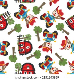 seamless pattern of cute monkey having fun driving off road car on sunny day. Creative vector childish background for fabric, textile, nursery wallpaper, t-shirt print, kids wear, and other decoration