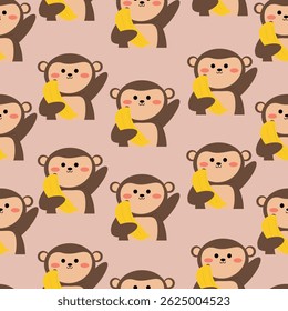 Seamless pattern cute monkey holding a banana. cute animal pattern for wallpaper, background and gift wrap paper
