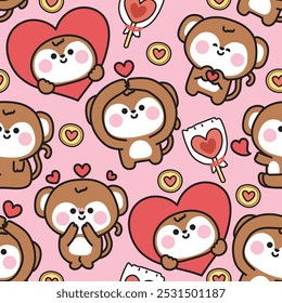 Seamless pattern of cute monkey in love concept with cookies and candy pink background.Heart.Valentines.Wild animal character cartoon design.Image for card,sticker,decoration.Kawaii.Vector