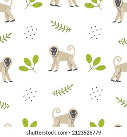 Seamless pattern with cute monkey on a white background. Vector childish illustration
