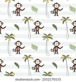 Seamless pattern with cute monkey and palm trees. Childish jungle background. Tropical wallpaper.
